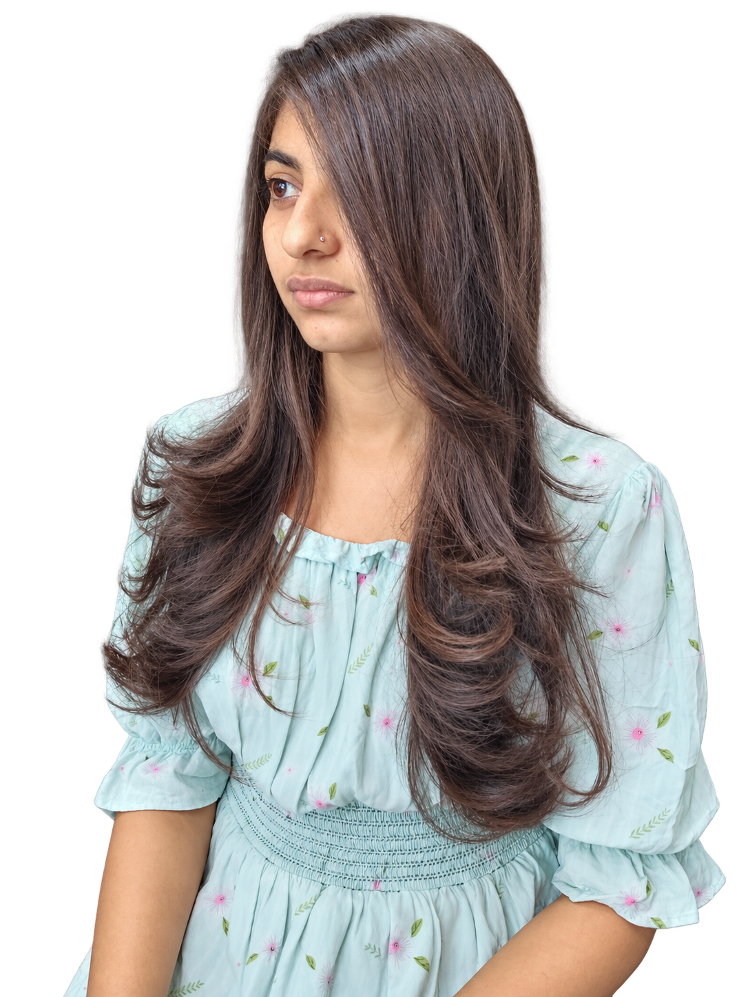 Client soft layers with original outfit and hairstyle, background removed