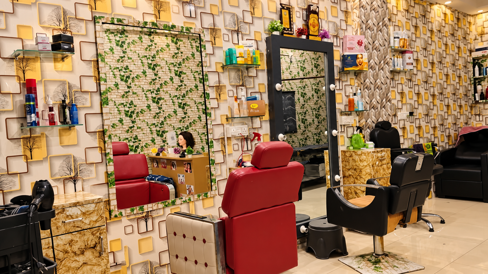Shreeji Beauty Parlour mirrors and styling chairs, professionally lit