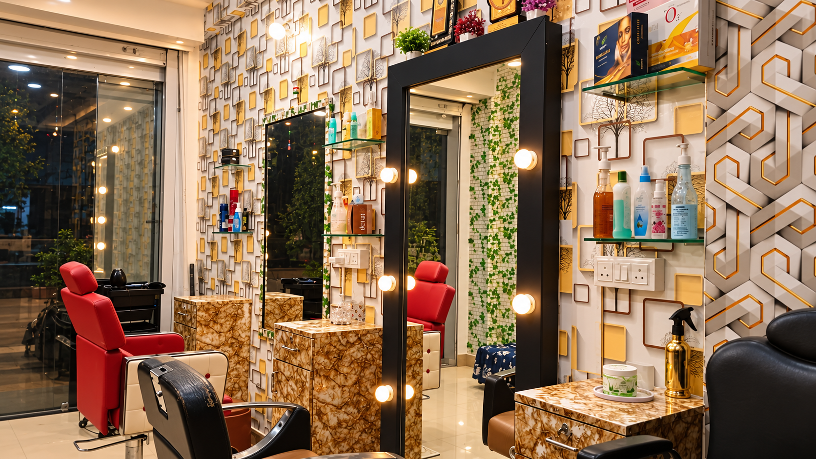 Shreeji salon styling stations and red chair, professionally lit